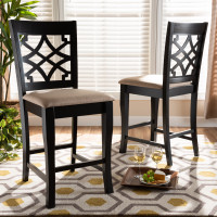 Baxton Studio RH321P-Sand/Dark Brown-PS Nisa Modern and Contemporary Sand Fabric Upholstered Espresso Brown Finished 2-Piece Wood Counter Stool Set of 4